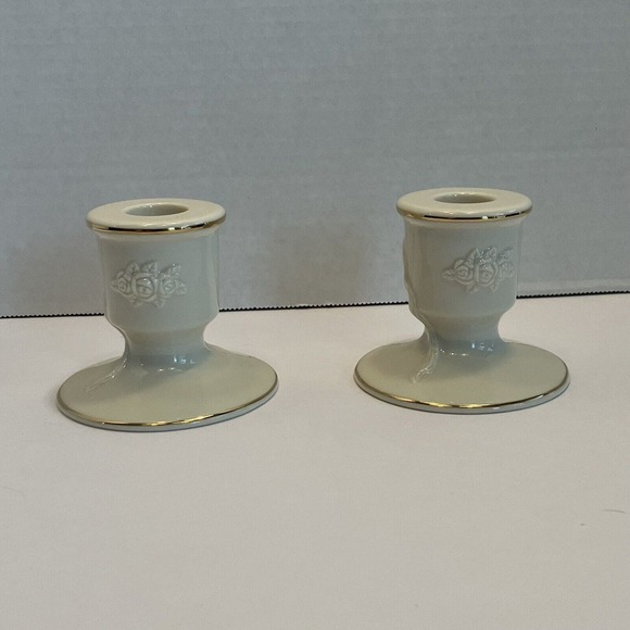 Vintage Lenox Ivory Gold Trim Porcelain Candleholders Tapers Pair Roses - Picture 7 of 12